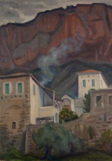 Leonidio, Houses and Rocks — Oil painting, Canvas, 46.00×65.00cm — Theodoros Markellos